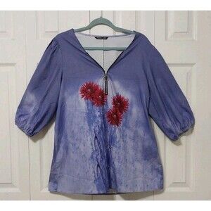 Noracora Women's Floral 1/4 Zip Up Top with 3/4 Ballon Sleeves Purple Red Sz XXL